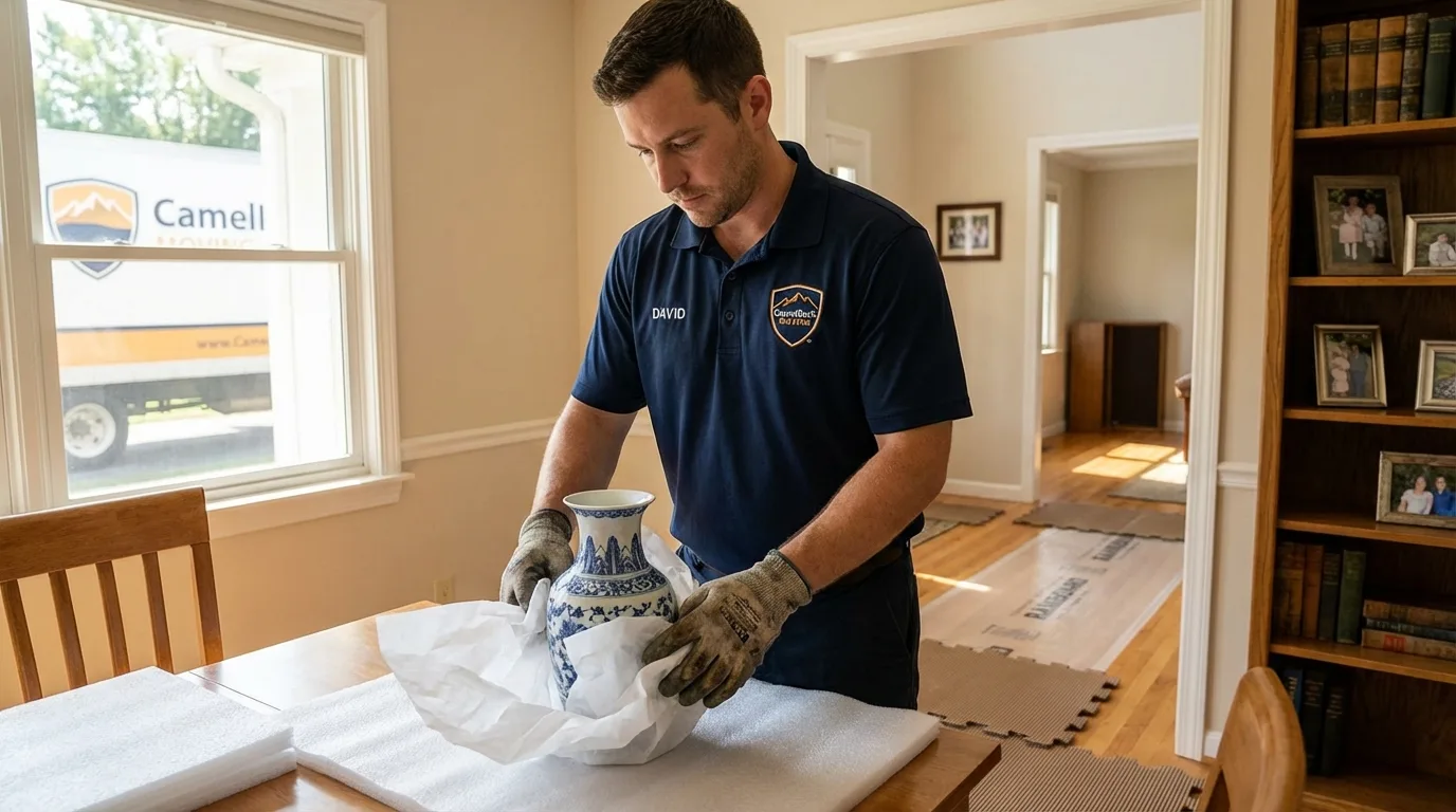 Professional crew carefully wrapping antique vase for senior downsizing move in Garyville, LA